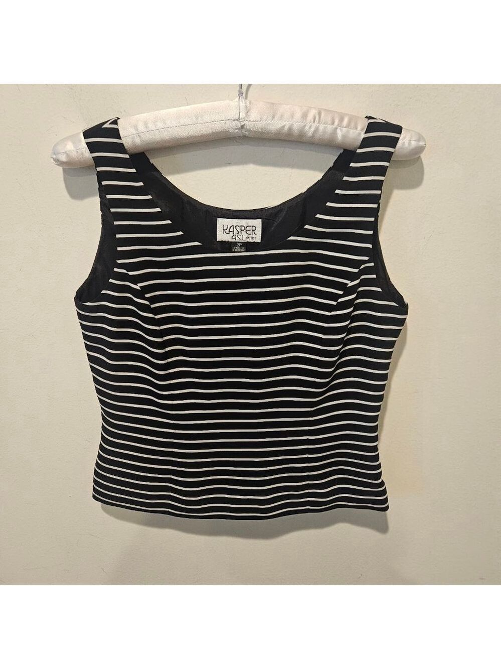 Women's Kasper Vintage Crop Top Size 2P Black White Striped Sleeveless, Side Zip